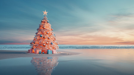 Christmas tree on the beach at sunset. 3d render illustration.の素材