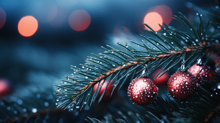 Christmas tree branch with red baubles on bokeh backgroundの素材