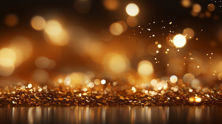 Gold glitter vintage lights background. Elegant abstract background with bokeh defocused lightsの素材