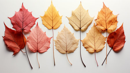 Autumn leaves on white background, top view. Fall season conceptの素材