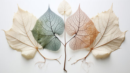 Dried leaves on white background, top view. Autumn concept.の素材