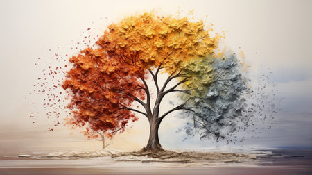Autumn tree with colorful leaves and splashes. 3d renderの素材