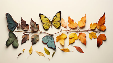 Beautiful autumn leaves and butterflies on white background, flat lay. Space for textの素材