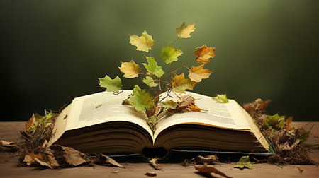 Open book with autumn leaves on wooden table against dark green background.の素材