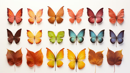 Collection of colorful autumn leaves isolated on white background. Flat lay, top view.の素材