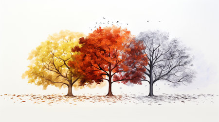 Autumn trees with red, orange and yellow leaves on white backgroundの素材