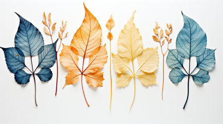 Autumn leaves isolated on white background. Flat lay, top viewの素材