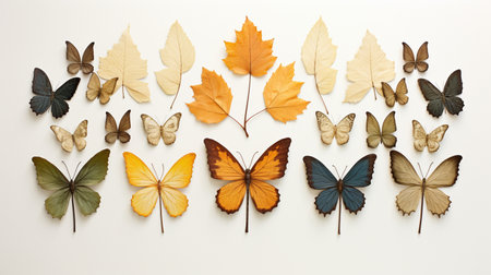 Autumn leaves with butterflies isolated on white background. Flat lay, top view.の素材