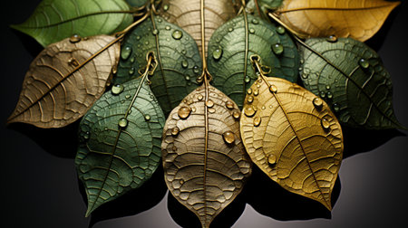 Leaves with water drops on a dark background. Nature concept.の素材