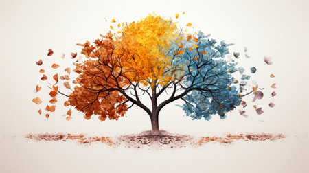 Colorful autumn tree on white background. 3d render illustration.の素材