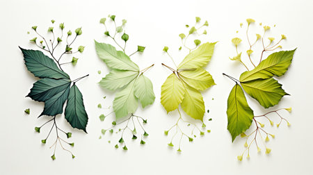 Green leaves on the white background. Flat lay, top view.の素材