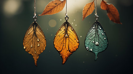 Beautiful colorful earrings hanging on a tree branch with autumn leavesの素材