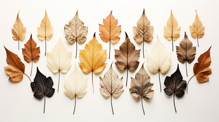 Autumn leaves on white background. Flat lay, top view.の素材