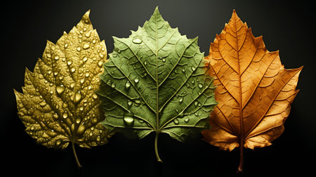 Three autumn leaves with water drops on black background. Close up.の素材