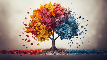 Season change on tree, represent change time through year, Wild nature environment conceptの素材
