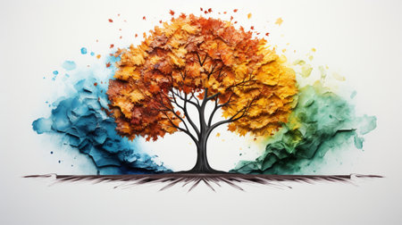 Season change on tree, represent change time through year, Wild nature environment conceptの素材