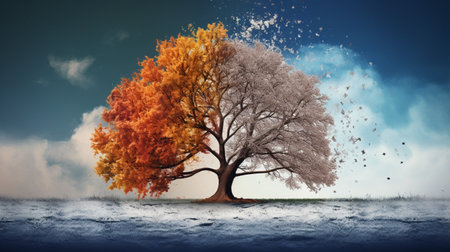 Season change on tree, represent change time through year, Wild nature environment conceptの素材