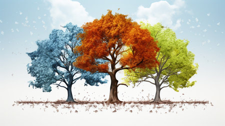Season change on tree, represent change time through year, Wild nature environment conceptの素材