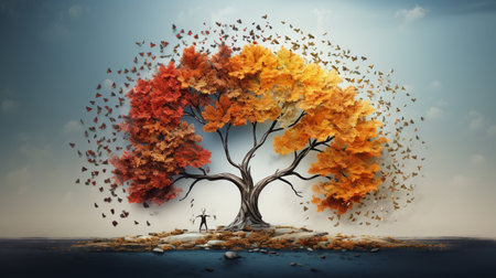 Season change on tree, represent change time through year, Wild nature environment conceptの素材