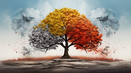 Season change on tree, represent change time through year, Wild nature environment conceptの素材
