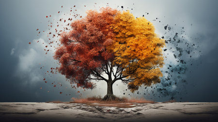 Season change on tree, represent change time through year, Wild nature environment conceptの素材