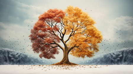 Season change on tree, represent change time through year, Wild nature environment conceptの素材