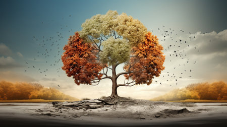 Season change on tree, represent change time through year, Wild nature environment conceptの素材
