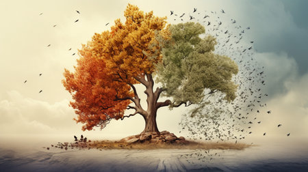 Season change on tree, represent change time through year, Wild nature environment conceptの素材