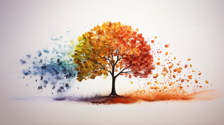 Season change on tree, represent change time through year, Wild nature environment conceptの素材