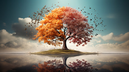 Season change on tree, represent change time through year, Wild nature environment conceptの素材
