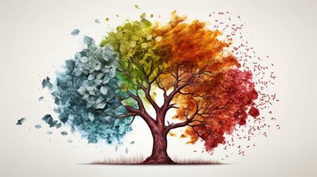 Season change on tree, represent change time through year, Wild nature environment conceptの素材