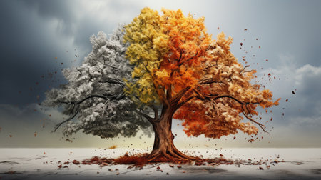 Season change on tree, represent change time through year, Wild nature environment conceptの素材