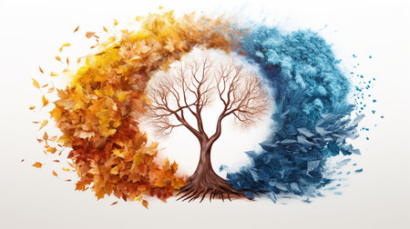 Season change on tree, represent change time through year, Wild nature environment conceptの素材