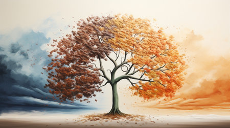 Season change on tree, represent change time through year, Wild nature environment conceptの素材