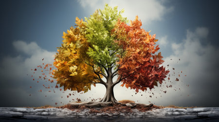 Season change on tree, represent change time through year, Wild nature environment conceptの素材