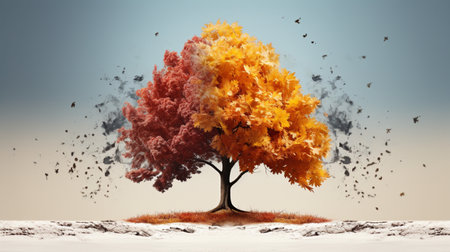 Season change on tree, represent change time through year, Wild nature environment conceptの素材