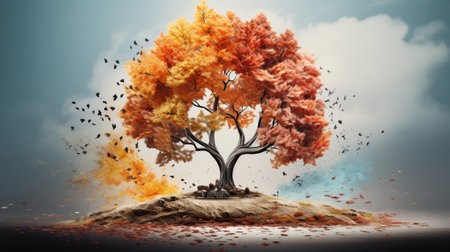Season change on tree, represent change time through year, Wild nature environment conceptの素材