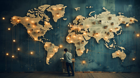 Businessman looking at world map with glowing lightsの素材
