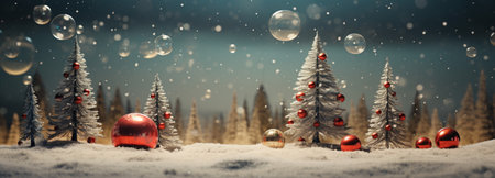 Christmas background with baubles and fir trees in the snow.の素材