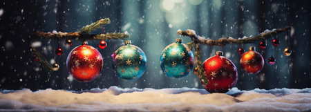 Christmas background with christmas balls and fir tree branches in snow.の素材