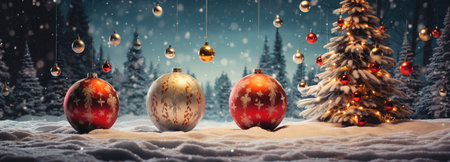 Christmas baubles in snowy forest with fir treesの素材