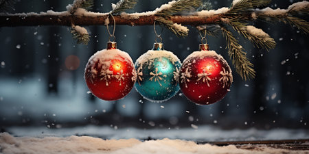 Christmas and New Year holidays background. Christmas tree decorated with colorful baubles on snow background.の素材