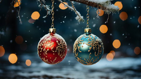 Christmas balls hanging on a tree branch with snow and bokeh backgroundの素材