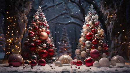 Christmas and New Year holidays background. Christmas tree with ornaments on snow.の素材
