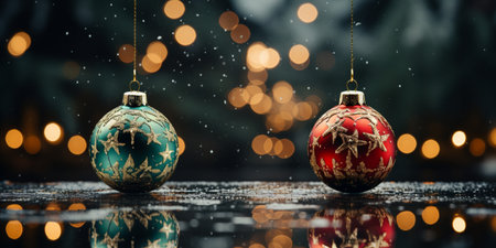 Christmas Ornament on beautiful winter scenery, Xmas Ball, copy space, AI Generativeの素材