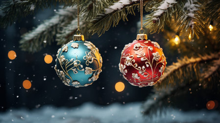 Christmas Ornament on beautiful winter scenery, Xmas Ball, copy space, AI Generativeの素材