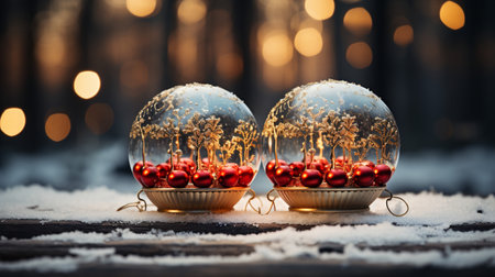 Christmas glass balls on the snow with bokeh lights in the backgroundの素材