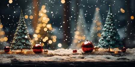 Christmas decoration on wooden background with bokeh and snowfall.の素材