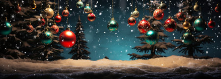Christmas Ornament on beautiful winter scenery, Xmas Ball, copy space, AI Generativeの素材