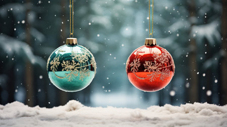 Christmas Ornament on beautiful winter scenery, Xmas Ball, copy space, AI Generativeの素材